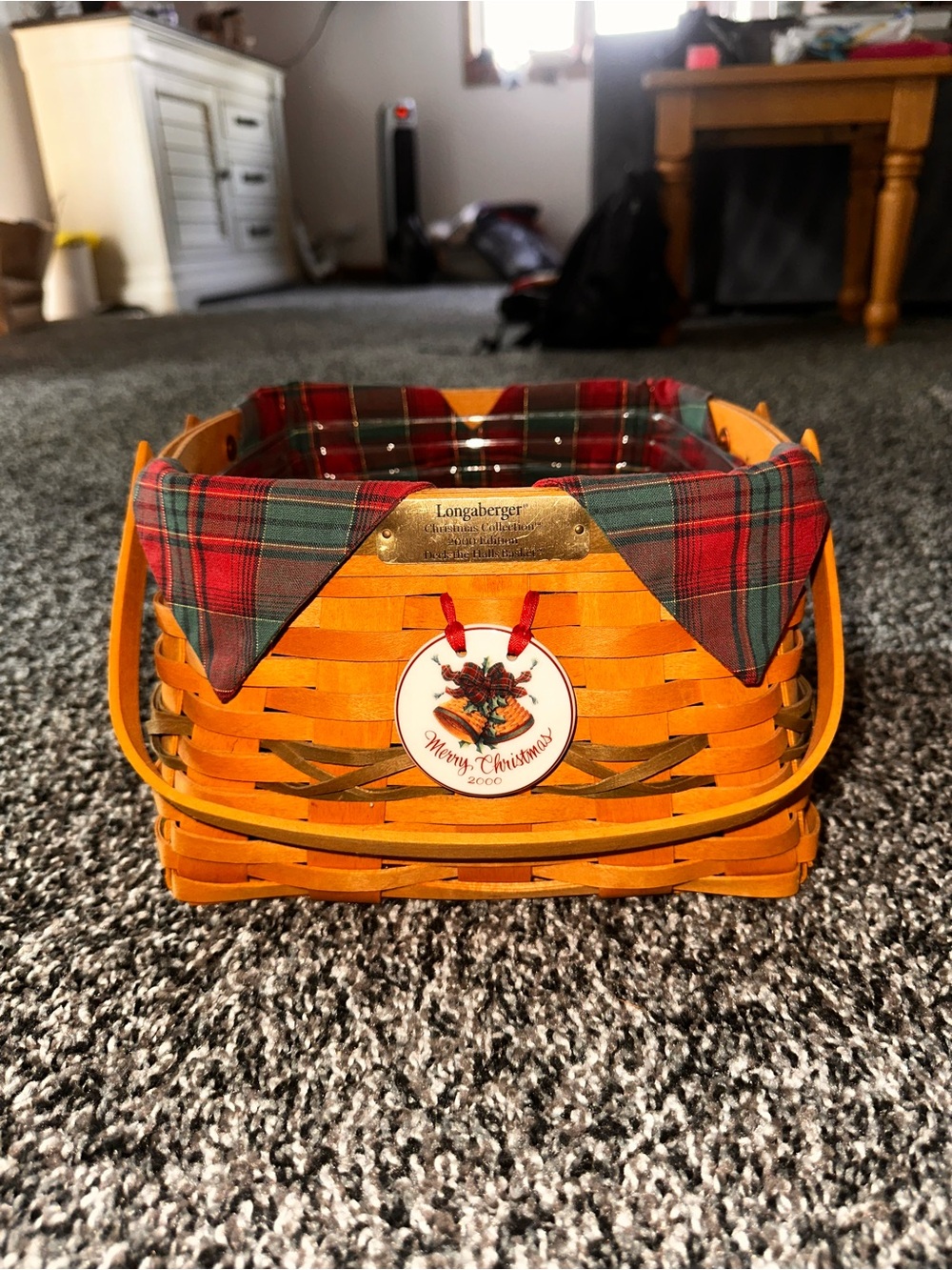 Longaberger Plaid-Lined Holiday Basket in Red & Tan